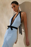Cosmina Powder Blue Plunge Neck Maxi Dress With Bow Detail