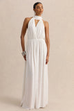 Rylina White Mesh Halter Neck Maxi Dress With Scarf And Open Back