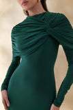 Evessa Dark Green High Neck Maxi Dress With Gathered Detailing
