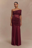 Dallas One Shoulder Mesh Maxi Dress Burgundy
