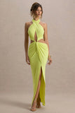 Aura Lime Green Halter Neck Cut Out Split Maxi Dress