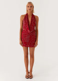 Olisa Cowl Neck Beaded Mini Dress Red