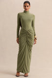 Harmona Olive High Neck Maxi Dress With Gathered And Draped Detailing