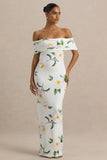 Capri White Rose Print Bardot Neck Maxi Dress With Ruched Detailing