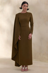 Jovea Olive Round Neck Maxi Dress With Cape Sleeve