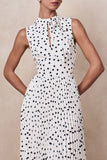 Avalon White Polka Dot Scarf Neck Midi Dress With Pleated Skirt