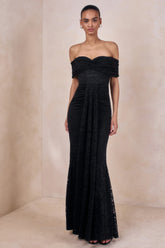 Aries Black Lace Bardot Neck Maxi Dress With Gathered Detailing
