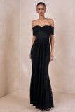Aries Black Lace Bardot Neck Maxi Dress With Gathered Detailing