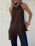 Women Polka Dot Satin Halter Top Backless Side Slit Tank Tops Going Out Clubwear