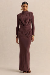 Karinthia Brown High Neck Maxi Dress With Draped Detailing