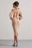 Couture Client Champagne Halter Neck Puff Sleeve Midi Dress