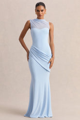 Lyssy Powder Blue High Neck Maxi Dress With Mesh Detail