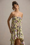 Whistler Tulip Floral Print Chiffon Bandeau High Low Ruffled Maxi Dress