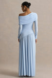 Farah Powder Blue Asymmetric Neck Maxi Dress With Drop Waist And Ruched Detailing