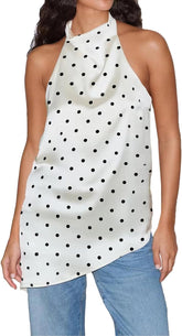 Women Polka Dot Satin Halter Top Backless Side Slit Tank Tops Going Out Clubwear