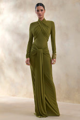 Linessa Olive High Neck Maxi Dress With Sash And Gathered Detailing