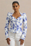 Olympia Blue Floral Print Sweetheart Neck Tailored Top