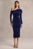 Eirene Blue Velvet Asymmetric Neck Midi Dress