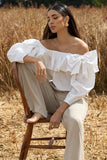 Cove White Bardot Puff Sleeve Ruffle Top With Bows