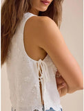 Women Eyelet Embroidered Tank Top Sleeveless Side Tie Summer Going Out Crop Top
