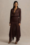 Kris Brown Plunge Neck Maxi Dress With Ruched Detailing
