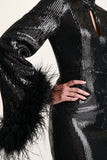 Cosmic Star Black Sequin High Neck Maxi Dress With Feather Cuffs