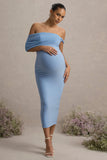 Jen Powder Blue Bardot Twisted Maternity Midi Dress