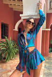 Marisela Blue Print Satin Flared Sleeve Cropped Shirt