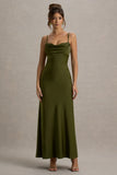 Eimear Olive Green Satin Draped Sweetheart Maxi Dress