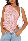 Women One Shoulder Lace Top Irregular Hem Backless Crop Tops See Through Sheer Tank Tops Going Out Clubwear