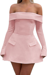 Women Sexy Mini Dress Off Shoulder Long Sleeve A Line Dress Short Formal Dresses Party Clubwear