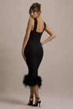 Titania Black Twist Neck Feather Hem Midi Dress