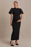 Luna Black Crew Neck Maternity Midi Dress With Puff Sleeves