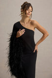 Armina Black One Shoulder Feather Trim Maxi Dress