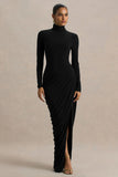 Betsy Black High Neck Maxi Dress With Front Split And Ruched Detailing