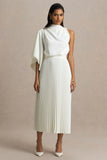 Jimena Cream High Neck Midi Dress With One Long Sleeve And Pleated Detailing