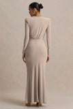 Flashy Champagne Plunge Neck Maxi Dress With Ruched Detailing