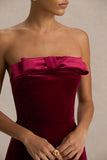Illusion Burgundy Velvet Bandeau Maxi Dress With Bow Detail