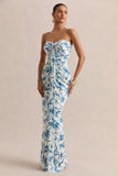Ali Blue Porcelain Print Sweetheart Ruched Wrap Maxi Dress