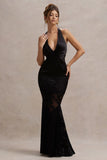 Sunset Tales Black Satin Devore Plunge Neck Maxi Dress