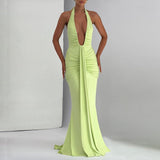 Women Deep V Neck Ruched Maxi Dress Sleeveless Halter Gown Cocktail Evening Formal Dresses
