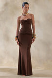 Elodia Brown Bandeau Maxi Dress With Gathered Detailing