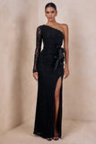 Norna Black Lace Asymmetric Neck Maxi Dress With Cut Out And Bow Details