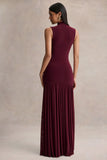 Gigi Burgundy High Neck Maxi Dress With Drop Waist And Sheer Skirt