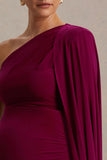 Amaryllis Berry Maternity One Shoulder Maxi Dress with Cape Sleeve