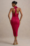 Aine Red Satin Jacquard Cowl Neck Midi Dress