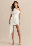 Dalina White Asymmetric Neck Mini Dress With Sash Detail
