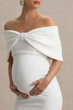Droplet White Bow Bardot Maternity Midi Dress