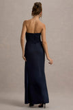 Edel Navy Satin Strapless Maxi Dress With Drape