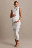 Shellie White High Neck Maternity Midi Dress With Corsage Detail